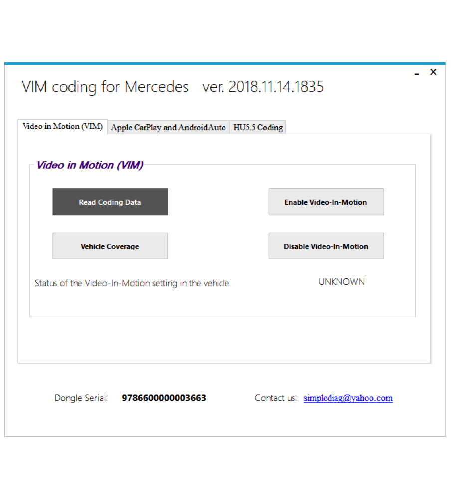 SimpleDiag Licence SD02 - Video In Motion and CarPlay – activation, deactivation and HU5.5 coding